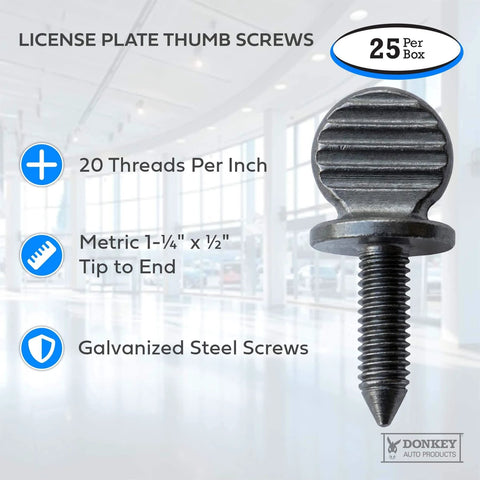 Metric License Plate Thumb Screws 1.25 Inch By 0.5 Inch 20 Threads Per Inch Galvanized Steel 25 Pack displayed with features