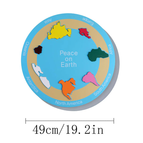 Big Hands On Seven Continents Puzzle Wooden World Map Board For Kids showing knob pieces and size 49cm/19.2in