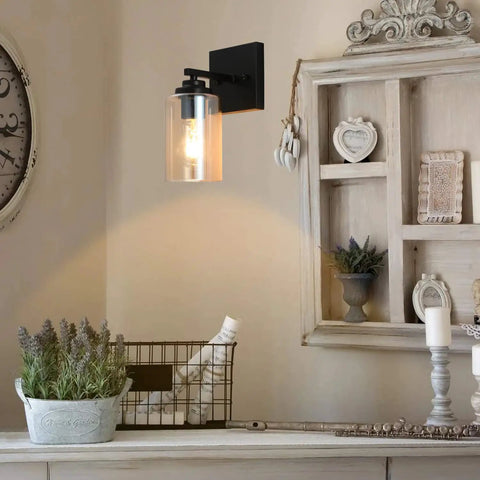 Interior with rustic decor featuring Two Pack Wall Light Sconces For Bathroom And Hallway, Cozy Vintage Farmhouse Vanity Lights.