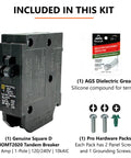 Genuine Square D HOMT2020 20/20 Amp Tandem Circuit Breaker Kit For Space Saving Dual Circuits Homeline Series OEM 120 240V Panel Upgrade showing breaker, grease, and screws