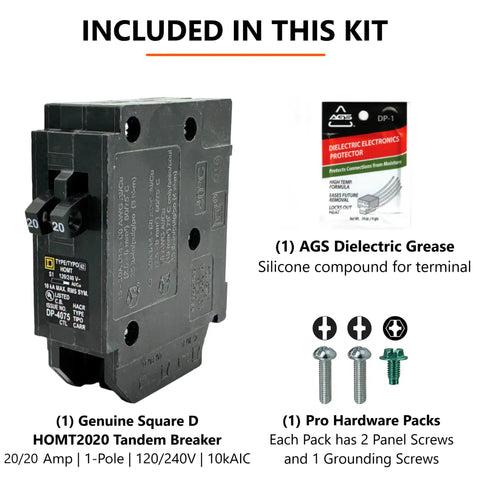Genuine Square D HOMT2020 20/20 Amp Tandem Circuit Breaker Kit For Space Saving Dual Circuits Homeline Series OEM 120 240V Panel Upgrade showing breaker, grease, and screws