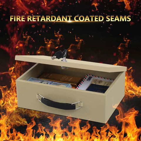 Fireproof Document Safe Box With Key Lock Sturdy Double Steel Chest for Valuables with fire backdrop open to show contents