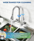 HURRAN Wall Mount Kitchen Faucet with Pull Down Sprayer, Brushed Nickel Kitchen Sink Faucet shown in action with 360° rotating nozzle.
