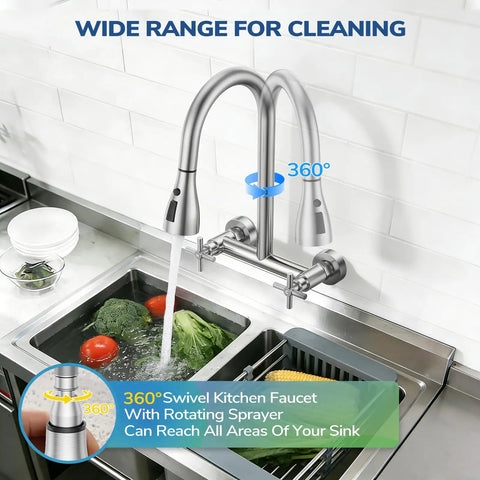 HURRAN Wall Mount Kitchen Faucet with Pull Down Sprayer, Brushed Nickel Kitchen Sink Faucet shown in action with 360° rotating nozzle.