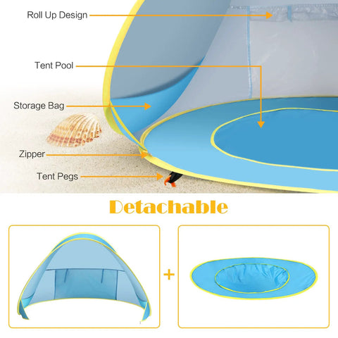 Two In One Beach Tent With Pool For Infants And Toddlers, Pop Up Sun Shelter showing storage bag and detachable canopy details.
