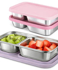 Three Pack Stainless Steel Snack Containers With Silicone Lids, Dual Compartment Design, Stackable Lunch Boxes in pink and lilac