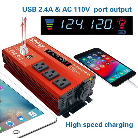 500W Continuous Power Inverter For Vehicles From 12V To 110V AC With 3 AC Outlets And 4 USB 2.4A Quick Charge Ports In Use