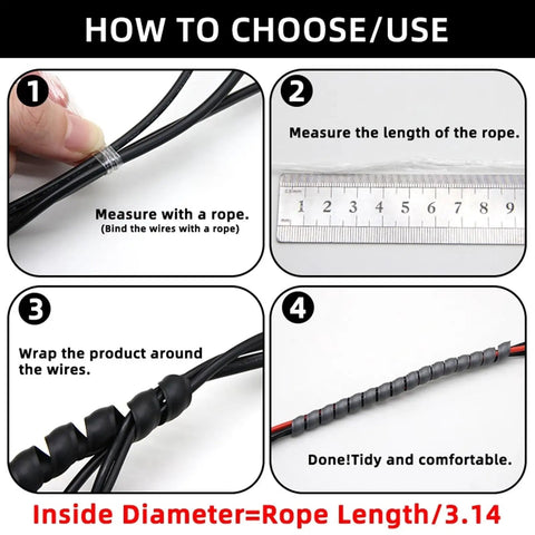 Instructional guide on using Yellow Flexible Spiral Cable Protector Sleeve For 10mm To 14mm Cables 10 Meters Long Wire Organizer