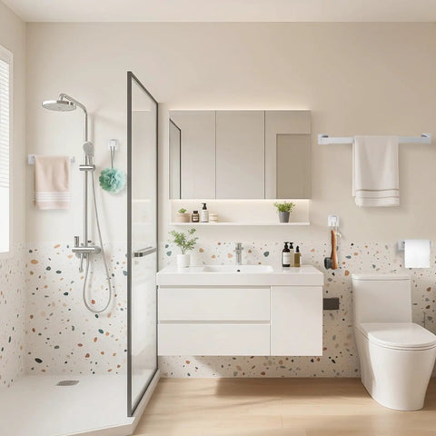 Bathroom with Brushed Stainless Steel 4 Piece Bathroom Hardware Set Wall Mounted With Towel Bar Towel Holder Robe Hook And Toilet Paper Holder Rust Resistant SUS304 Finish