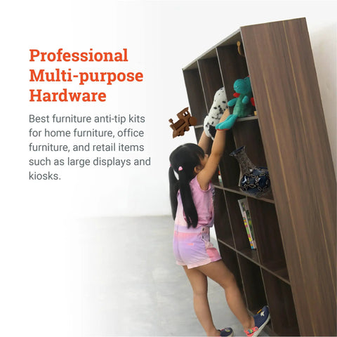 Child reaching for toys on bookshelf secured with Anti Tip Furniture Anchors For Dresser, Bookshelf And Cabinet Safety.