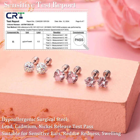 Flat Back Stud Earrings Set for Women and Girls, Hypoallergenic Stainless Steel, 16 Pairs of Tiny CZ Cartilage Studs in Star, Heart, Flower and Ball Styles, Minimalist Everyday Wear Earrings for All Occasions. nickel test pass image