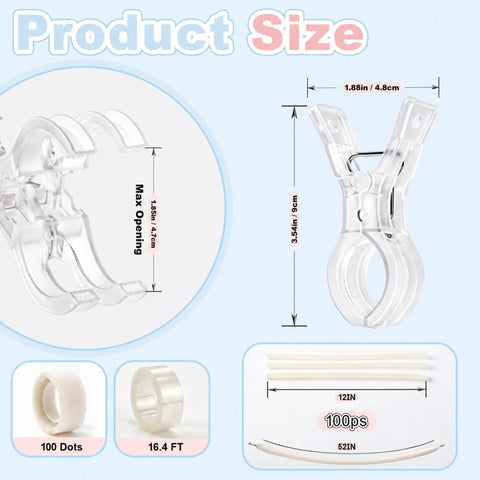 Top Notch Balloon Arch Kit With 10 Clear Spring Clamps And Everything You Need Plus 100 Long Balloons, Tape Strip, And Adhesive Dots For Epic Party Decor Make Your Next Bash A Total Banger. Clear plastic clamp, 3.54in x 1.88in, 100 dots and 16.4 ft tape