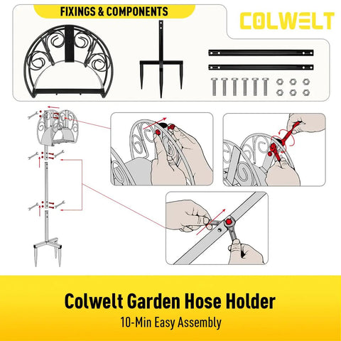 All In One Garden Hose Holder Kit With 50 Ft Hose Half Inch, Heavy Duty Freestanding Metal Stand assembly instructions