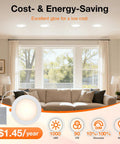 Sylvania Slim Microdisk Downlight, 12W, 5 CCT Select (2700K - 5000K) Recessed Lighting glowing in a cozy living room.