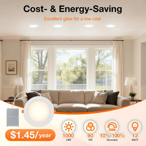 Sylvania Slim Microdisk Downlight, 12W, 5 CCT Select (2700K - 5000K) Recessed Lighting glowing in a cozy living room.