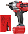 Badass Cordless Impact Wrench For Fast Car Tire Fixes Featuring Knockout Torque And Slick Four Speed Modes With Bright Built In Work Light Bare Tool Compatible With Milwaukee 18V Batteries next to its packaging.