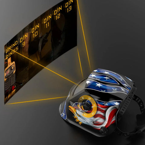 Solar Powered Auto Darkening Welding Helmet With Adjustable Shade Range 3.5/9-13 External Grind Knob shown with blue eagle design