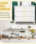 Slick Low Profile Flush Ring Pulls Solid Zinc Alloy Drawer Handles Coated In A Crisp Gold Finish 5 Pack on white dresser.