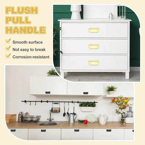 Slick Low Profile Flush Ring Pulls Solid Zinc Alloy Drawer Handles Coated In A Crisp Gold Finish 5 Pack on white dresser.