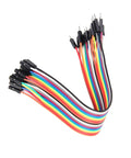 Close-up of multicolor 2.54mm jumper wires with black female connectors for breadboard Arduino projects