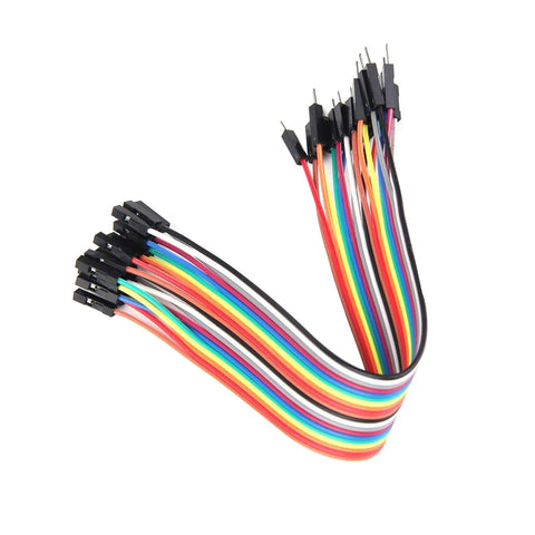 Close-up of multicolor 2.54mm jumper wires with black female connectors for breadboard Arduino projects