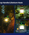 Rechargeable LED Camping Lanterns Beast Bright 1000 Lumens hanging on tree, showcasing top handle and bottom hook feature.