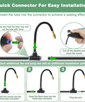 Installation instructions for 65.6 Ft Adjustable Drip Irrigation Kit with 20 360 Degree Misting Nozzles and flexible hose setup.
