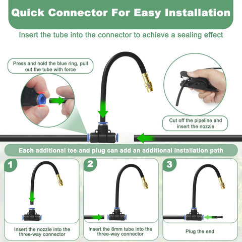 Installation instructions for 65.6 Ft Adjustable Drip Irrigation Kit with 20 360 Degree Misting Nozzles and flexible hose setup.