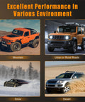 Four vehicles showcasing performance in different environments: mountain, urban, snow, and desert.