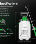 1 Gallon Garden Sprayer With 3 Nozzles For Plants Weeds And Lawn Care, Long 50 Inch Hose, Pressure Relief Valve shown with specifications