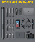 Image showing Mini Electric Precision Screwdriver Kit With LED Light And 24 Magnetic Bits High Torque 3 Nm Magnetic Storage Hex Bits next to various electronics like a phone, laptop, drone, watch, and camera.
