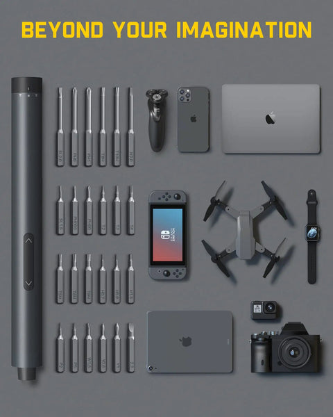 Image showing Mini Electric Precision Screwdriver Kit With LED Light And 24 Magnetic Bits High Torque 3 Nm Magnetic Storage Hex Bits next to various electronics like a phone, laptop, drone, watch, and camera.