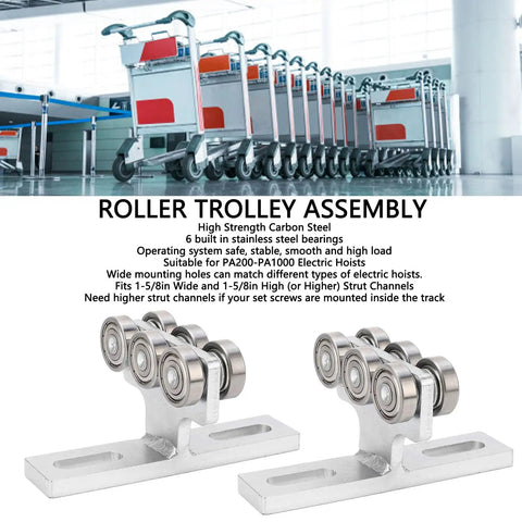 Heavy Duty 6 Wheel Trolley Assembly For Electric Hoist With Super Deep Groove Ball Bearings Loads Like A Champ On 1 5/8 Inch Struts And PA200 PA1000 Models, featuring stainless steel bearings.