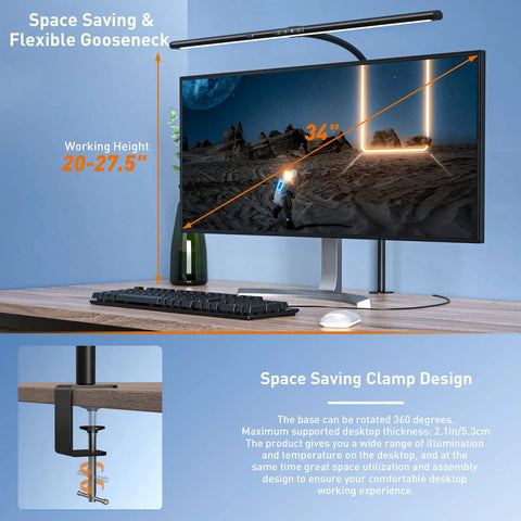 Ultra Bright Thirty One And A Half Inch LED Desk Lamp With Gesture Sensor shown on multi-monitor workstation
