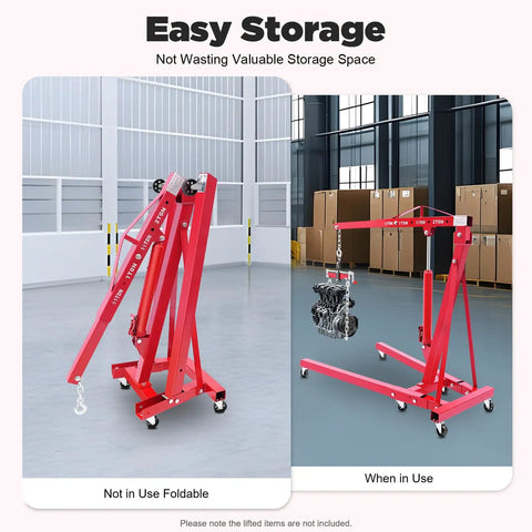No Sweat Heavy Duty Folding Hydraulic Engine Hoist And Cherry Picker Shop Crane with adjustable leveler in use lifting an engine.
