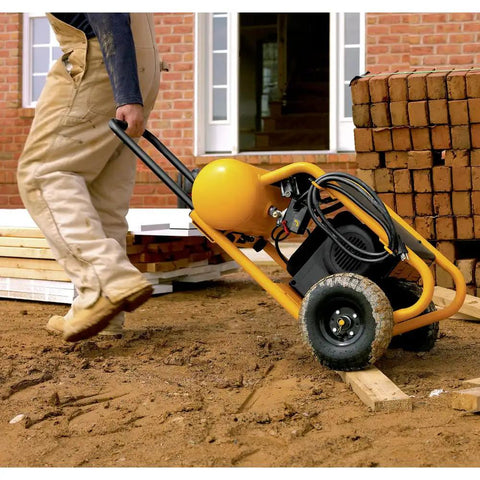 Heavy Duty Portable Air Compressor Featuring 4 5 Gallon Steel Tank And 225 Psi Maximum Pressure With Smooth Roll Wheels for easy transport on site.