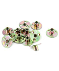 Heavy Duty 3/8-16 Round Base T Nuts 12 Piece Set Carbon Steel Insert Plate Nuts arranged with threaded holes for secure furniture assembly.