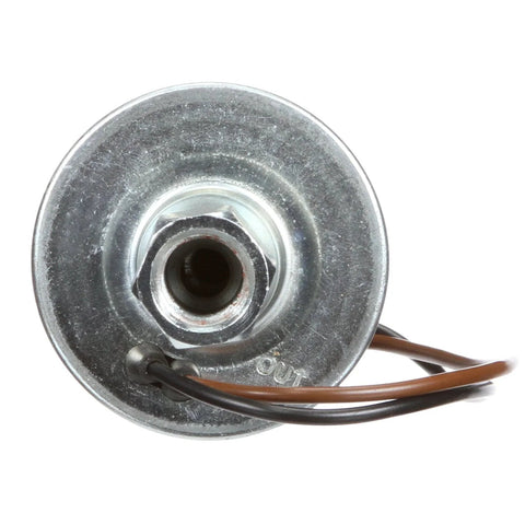 Close-up front view of heavy-duty Universal Inline Diesel Fuel Pump for 12V Systems with OE quality durability and high temperature tolerance.