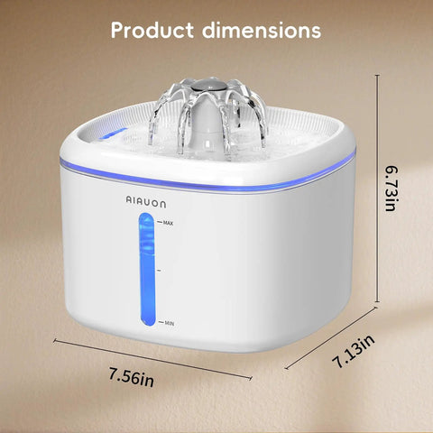Ultra Quiet Cat Water Fountain With 84oz Capacity, 2.5L Automatic Pet Water Dispenser, dimensions shown, includes 3 filters