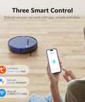 Smart Robotic Vacuum With 2 In 1 Mopping 1400Pa Suction WiFi App Control Works With Alexa And Google Assistant on wooden floor with phone