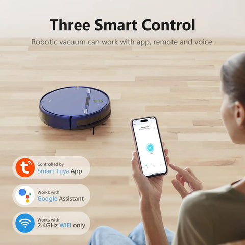 Smart Robotic Vacuum With 2 In 1 Mopping 1400Pa Suction WiFi App Control Works With Alexa And Google Assistant on wooden floor with phone