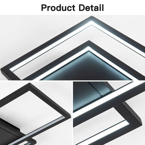 Close-up of Sleek Square Frame LED Ceiling Light Fixture Dimmable 40W 6000K Cool White Flush Mount Black Finish details