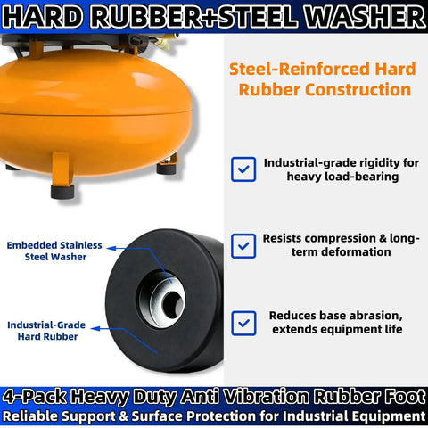 Heavy Duty Anti Vibration Rubber Feet Pads 4 Pack Rock Solid Shock Isolators 0.75 X 1.5 Inch Non Slip Mounts, hard rubber and steel washer construction.