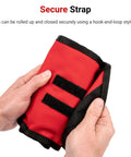 Hands holding red roll case with secure strap for Mini Pliers Set With Roll Case 8 Piece Precision Pliers Kit Including Needle Nose Smooth Jaw