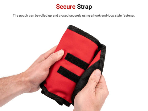 Hands holding red roll case with secure strap for Mini Pliers Set With Roll Case 8 Piece Precision Pliers Kit Including Needle Nose Smooth Jaw