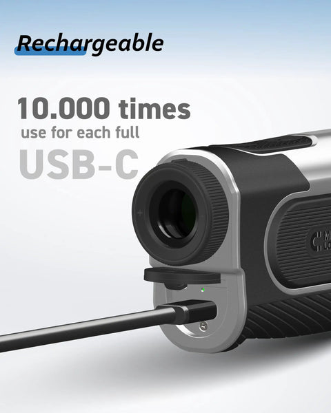Ultra Compact Golf Range Finder With Slope And Triangulation, 1300 Yard Range, USB-C charging cable connected