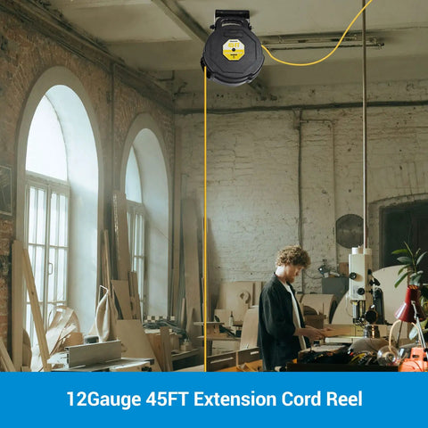 45Ft Retractable Extension Cord Reel With Auto Retract And Lighted Triple Outlets, Wall Or Ceiling Mountable For Garage Workshop, Power Cord Management, 12 Gauge 3 Conductor SJT, ETL Listed