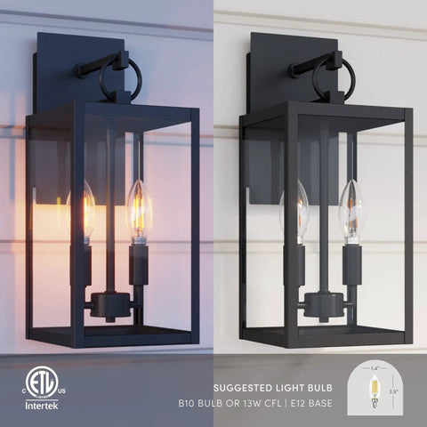 Outdoor Black Wall Sconce Light Fixture With Sturdy Iron Frame And Clear Glass Shade in dual light settings.