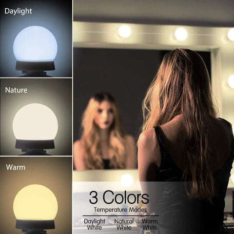 Vanity Light Strip Kit With 14 Dimmable Bulbs for Full Body Makeup Mirrors showing warm, neutral, and cool glow options.