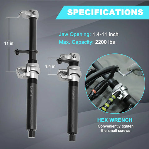 Heavy Duty Coil Spring Compressor Set, 2 Pack With Safety Bracket And Guard Bar, Works On Cars, Trucks, ATVs, UTVs, MacPherson Strut Tool, 2200 Lb Capacity, Wide Jaw Range shown with specifications